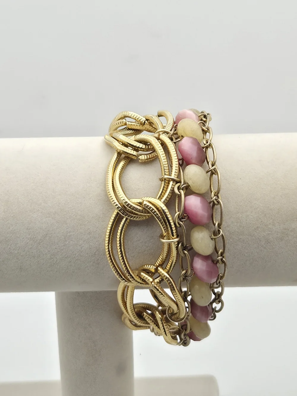Vintage Multi-Strand Statement Bracelet Gold Tone Chunky Link Pink Cream Glass